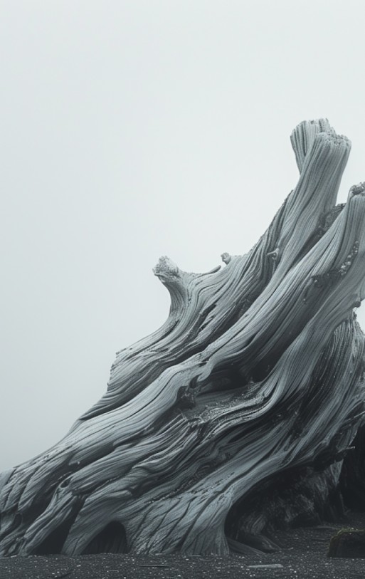 A weathered tree trunk, shaped by the elements, stands alone in a stark, gray, fog-shrouded landscape.