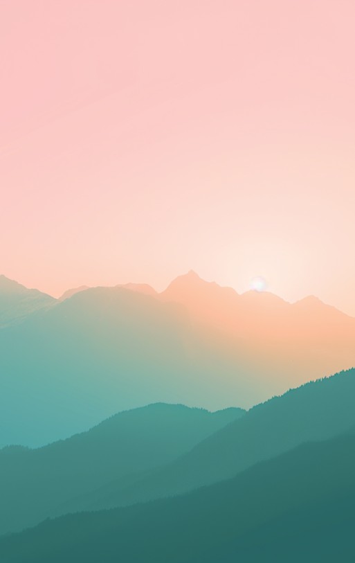 A serene mountain landscape at dawn/dusk, with layered ridges, is bathed in a warm gradient of colors.