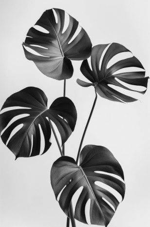 A black and white image of overlapping Monstera leaves, showcasing their natural holes and glossy texture, with a sense of depth and graphic simplicity.