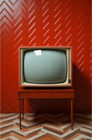 A vintage-style television with a deep red casing and curved screen sits on wooden legs, against a retro red wall with diamond-shaped tiles, on a checkered floor, evoking a nostalgic feel.