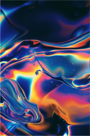 A swirling, iridescent display of vibrant colors, with a fluid, glass-like structure at its center.