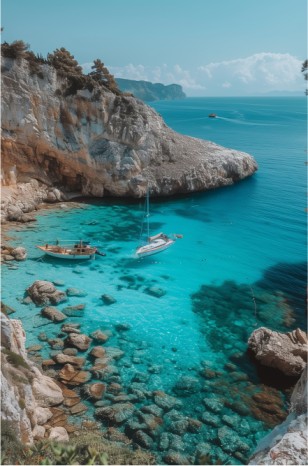 A secluded cove with turquoise waters, surrounded by rugged cliffs and green vegetation, cradles boats of various sizes, under a tranquil blue sky with soft clouds.