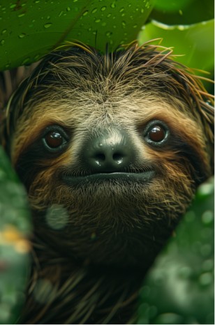 A sloth peers through lush green leaves with glistening raindrops, appearing content and curious.