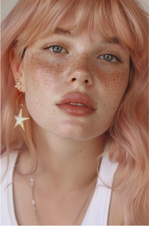A young woman with pastel pink hair, fair skin, and nuanced green eyes, wearing a star-shaped earring, conveys calmness and vulnerability.