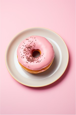 A pink frosted donut with sprinkles on a gold-rimmed plate against a soft pink background, creating a visually appealing and indulgent scene.
