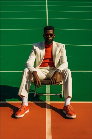 A man in a tailored suit and warm-toned sweater sits confidently on a vibrant sports court, exuding casual elegance.
