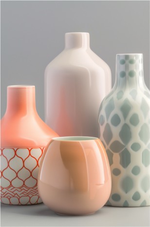 Five ceramic vases in pastel hues - peach, white, and turquoise - display unique designs against a neutral gray background.