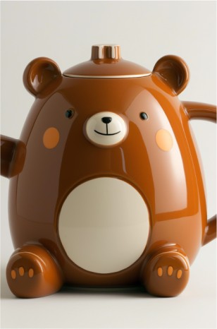 A whimsical teapot shaped like a bear, with a glossy brown body and playful design elements, featuring a friendly face on its white belly.
