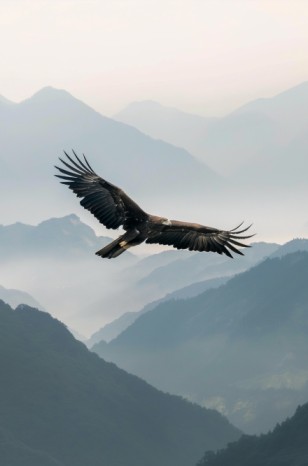 A majestic eagle soars through the sky, its wings fully spread, against a serene mountain backdrop, conveying freedom and power.