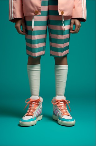 A stylish outfit shines against a teal background, featuring playful stripes, mint socks, and orange sneakers.