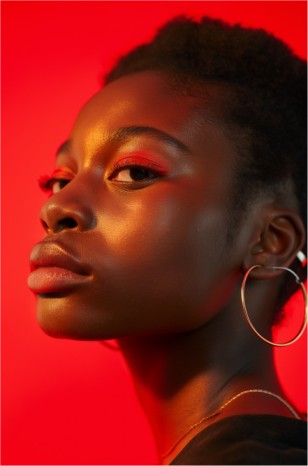 A woman with African heritage is set against a bold red background, accentuating her features.