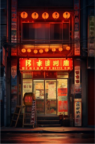 An Asian restaurant storefront glows at dusk or dawn, vibrant red lanterns and neon signs illuminating the scene.