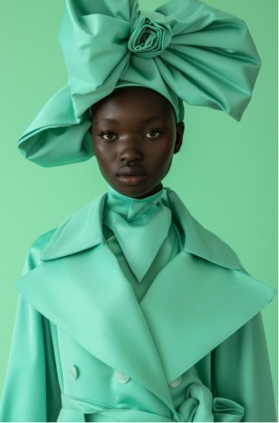A woman wears an elegant mint green outfit and headwrap, contrasting with her richly toned skin.