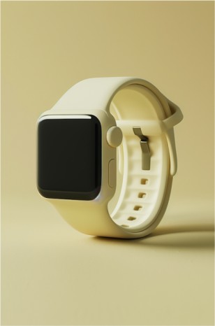 A sleek smartwatch with a cream-colored band and digital display sits against a matching background.