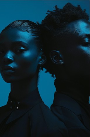 Two individuals of African descent stand side by side, facing opposite directions, against a subdued blue background.