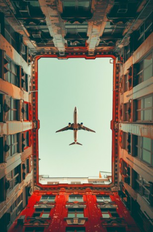 A narrow courtyard surrounded by historic buildings looks up to a clear blue sky with a centrally framed airplane.