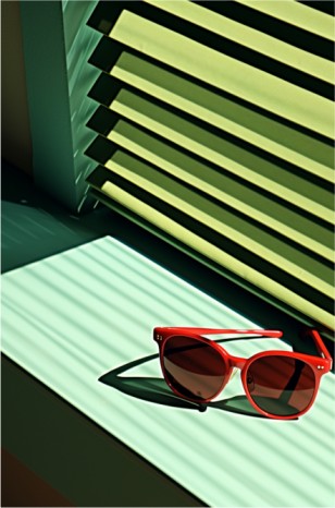 Red sunglasses rest on a slanted surface, bathed in light, casting sharp shadows amidst striped window blind patterns.