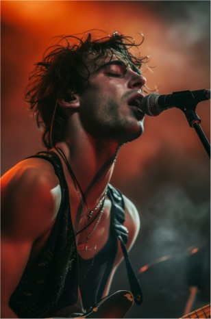 A young male musician passionately sings into a microphone, lost in the moment, with sweat-drenched hair.