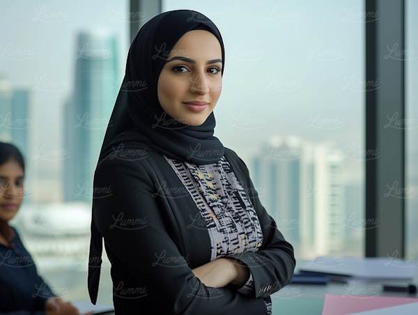 Confident Woman in Urban Office Setting