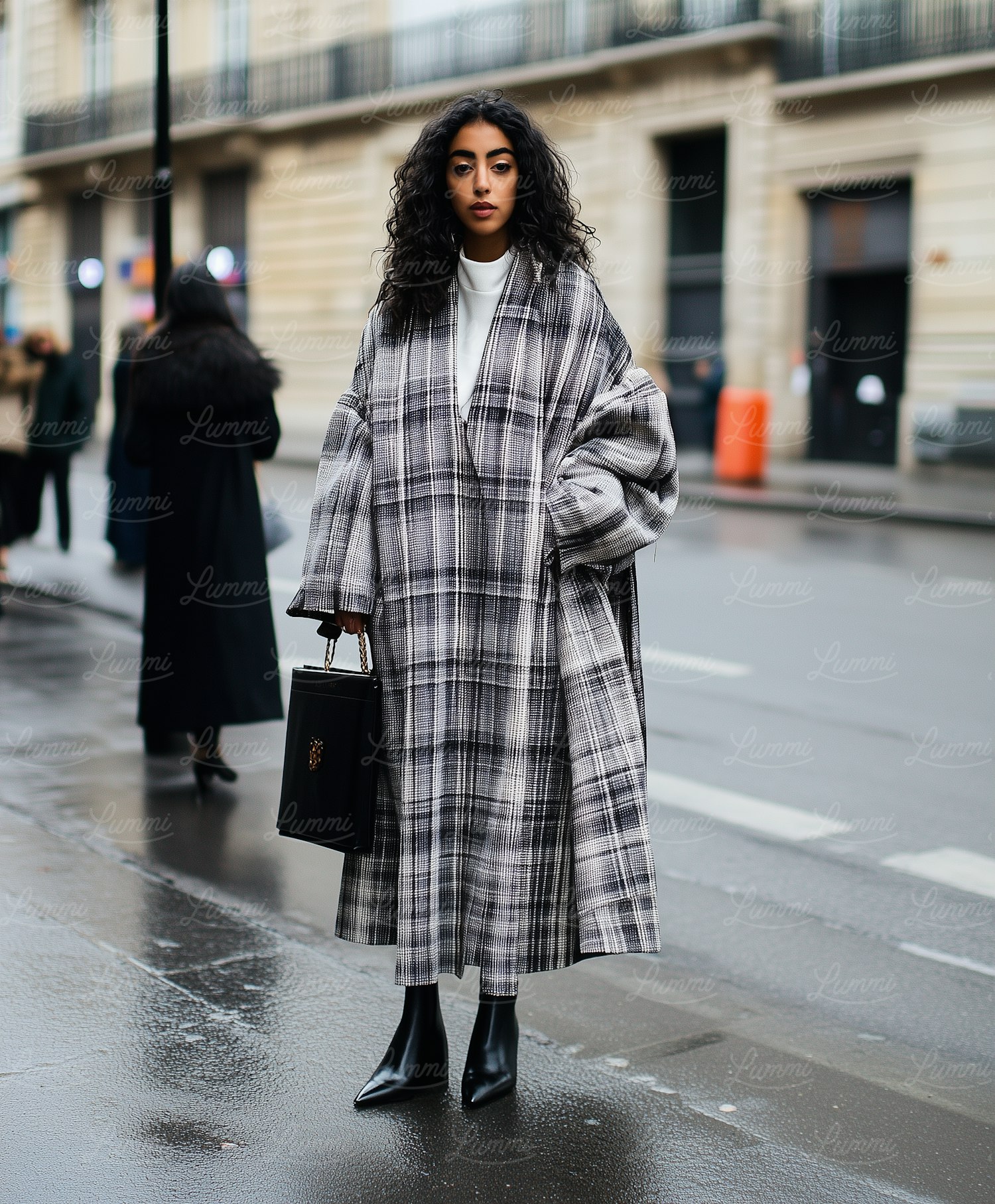 Woman in Plaid Coat on Wet City Street