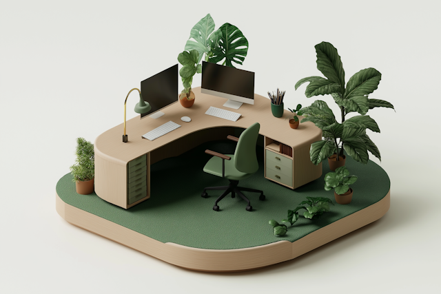 Serene 3D-Rendered Workspace with Greenery