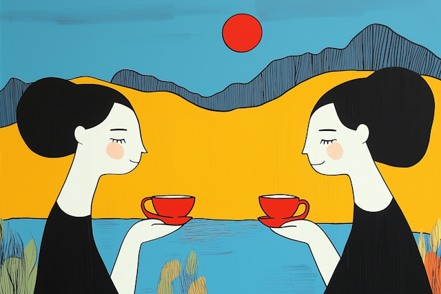 Serene Illustration of Female Figures Sharing Tea