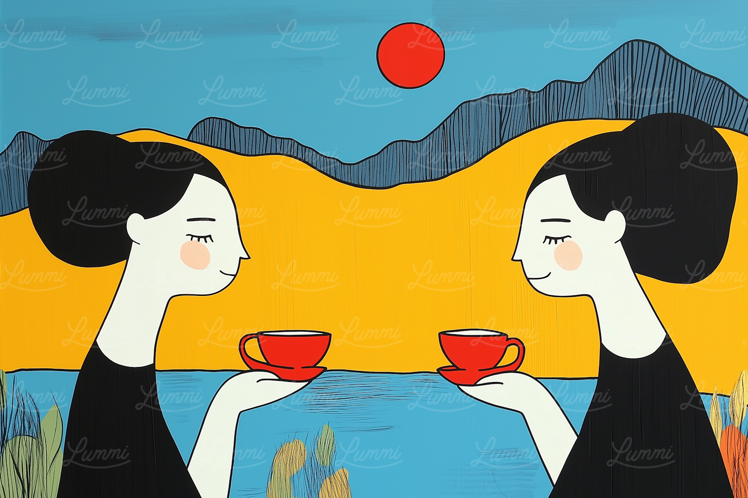 Serene Illustration of Female Figures Sharing Tea