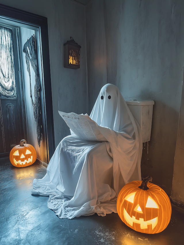 Ghost on Toilet Reading Newspaper