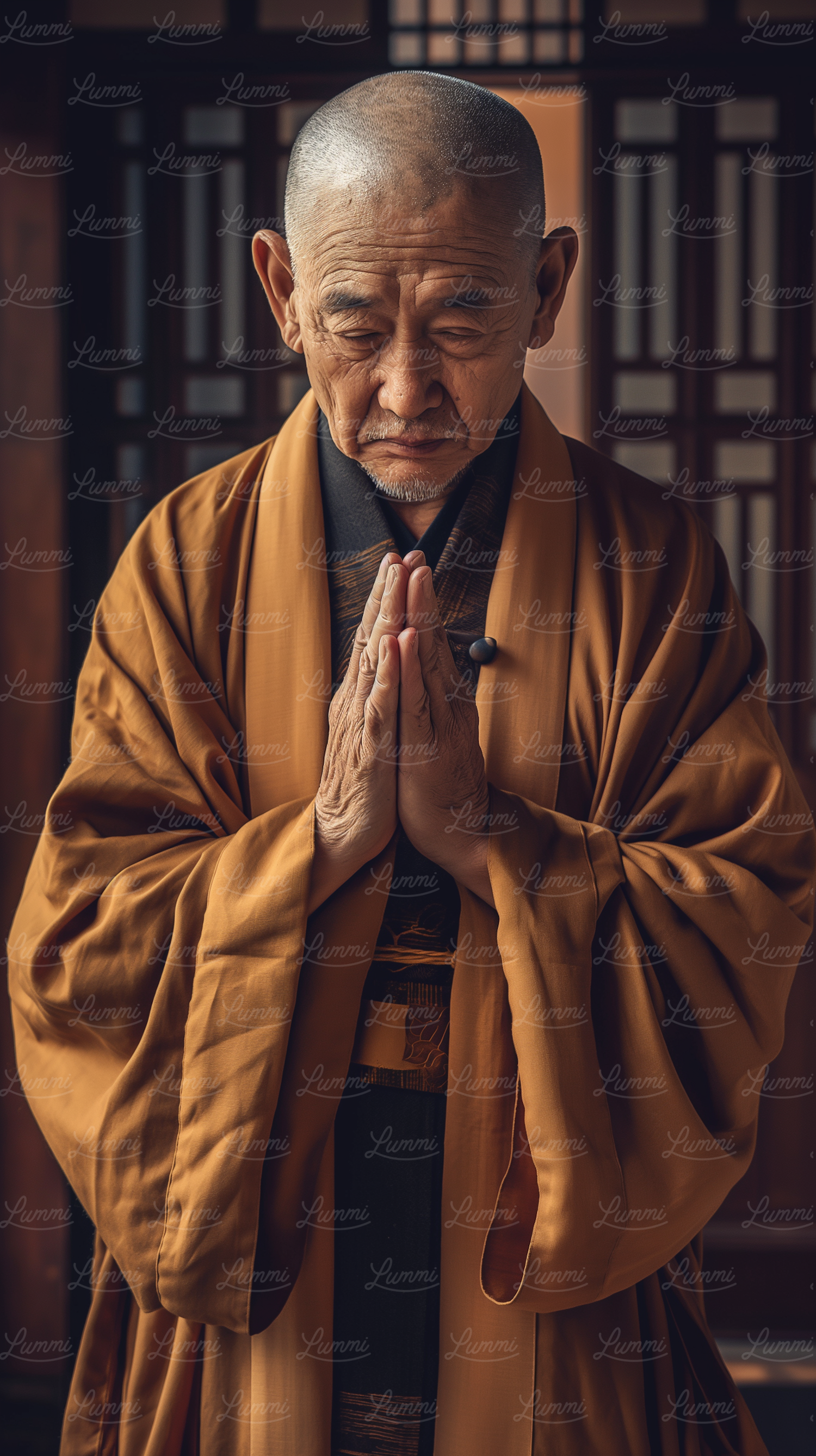 Elderly Asian Monk in Prayer