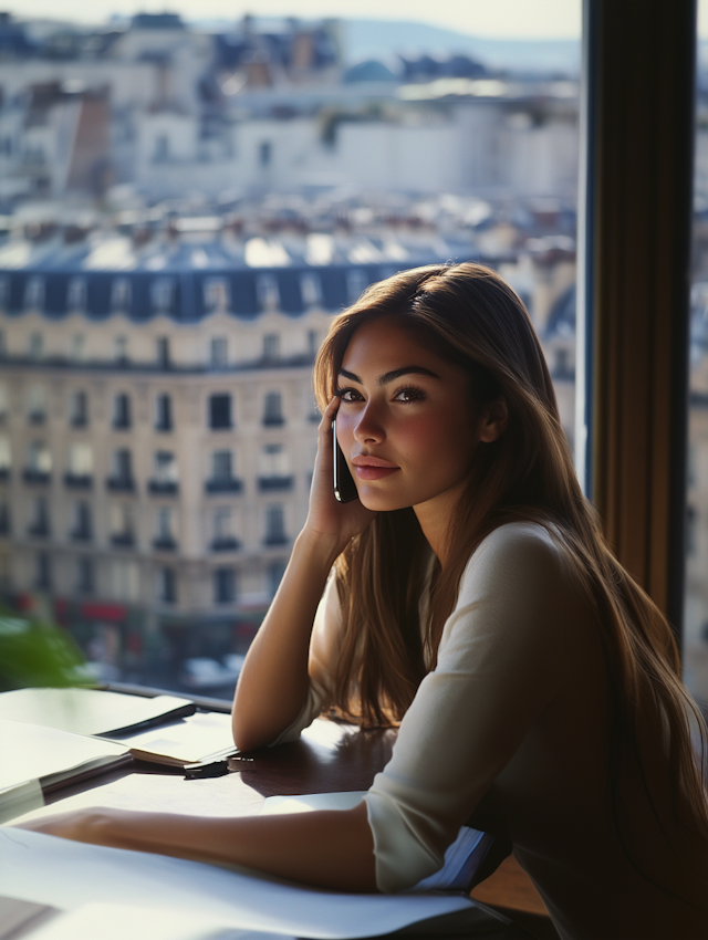 Young Woman on Phone by Window