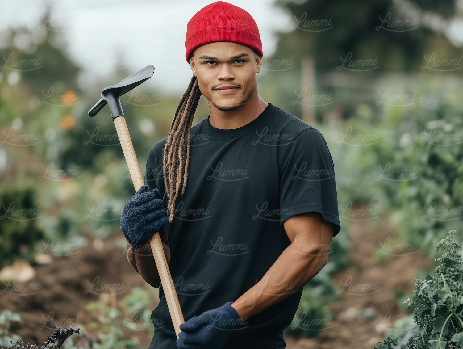 Young Man in Garden with Hoe