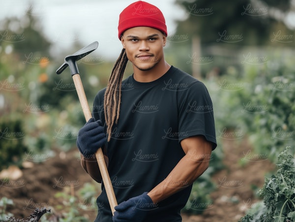 Young Man in Garden with Hoe