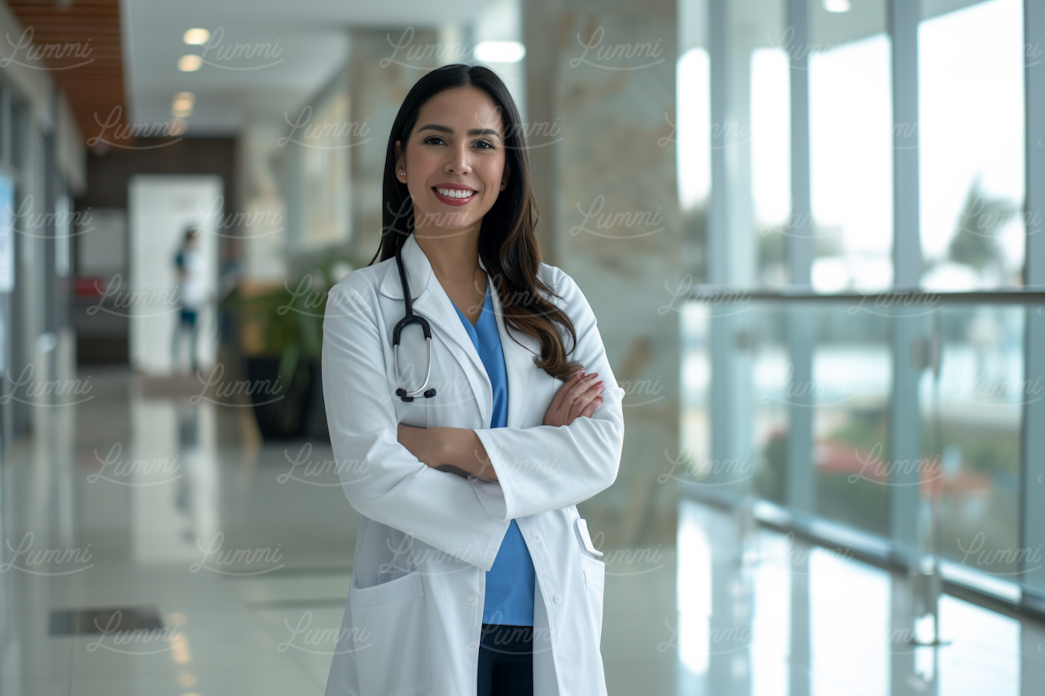 Confident Hispanic Female Doctor in Modern Clinic