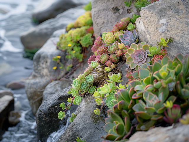 Close-Up of Colorful Succulents by the Water