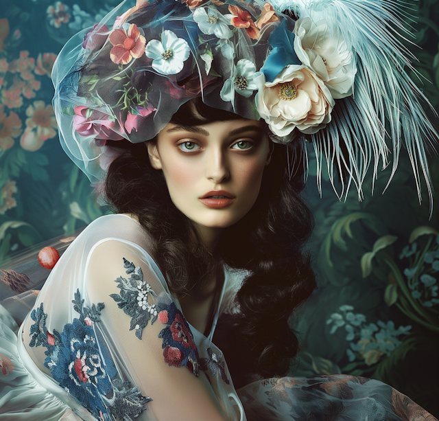 Enigmatic Female Portrait with Floral Adornments