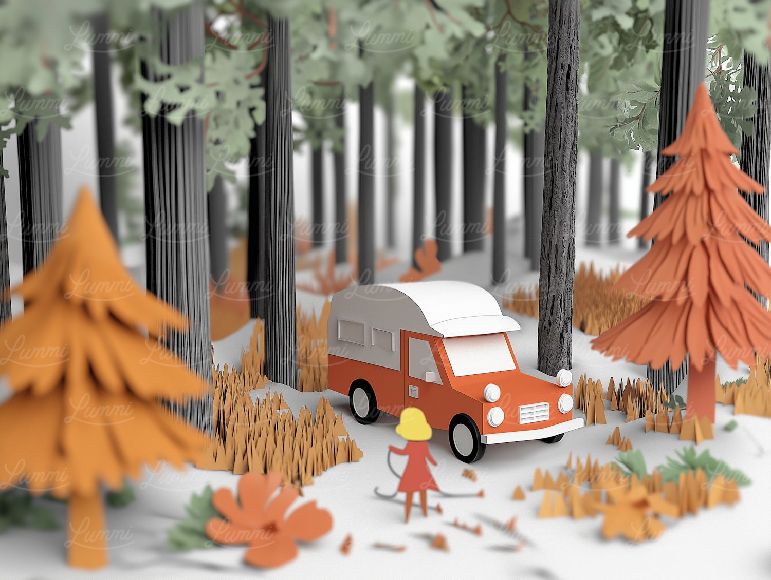 Autumnal Forest Adventure with Vintage Van and Child Figurine