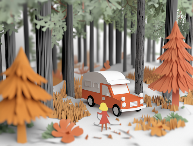 Autumnal Forest Adventure with Vintage Van and Child Figurine