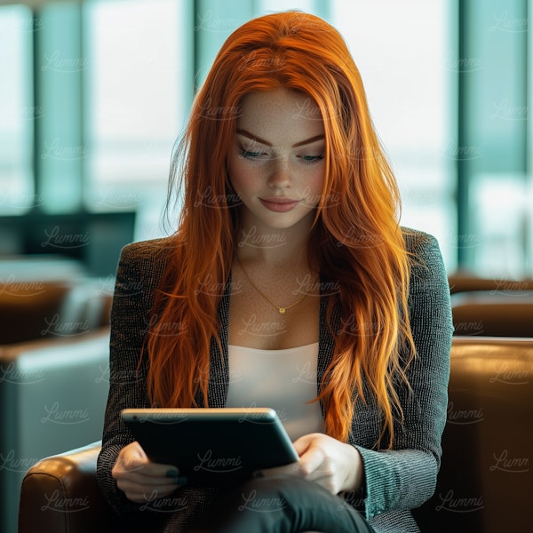 Young Woman with Red Hair Using Tablet