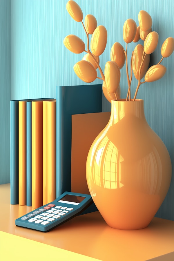 Orange Still Life with Vase, Books, and Calculator