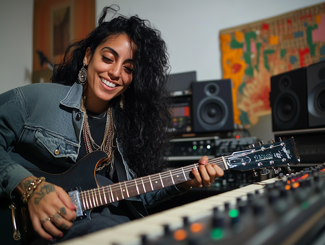 Woman Playing Electric Guitar in Music Studio