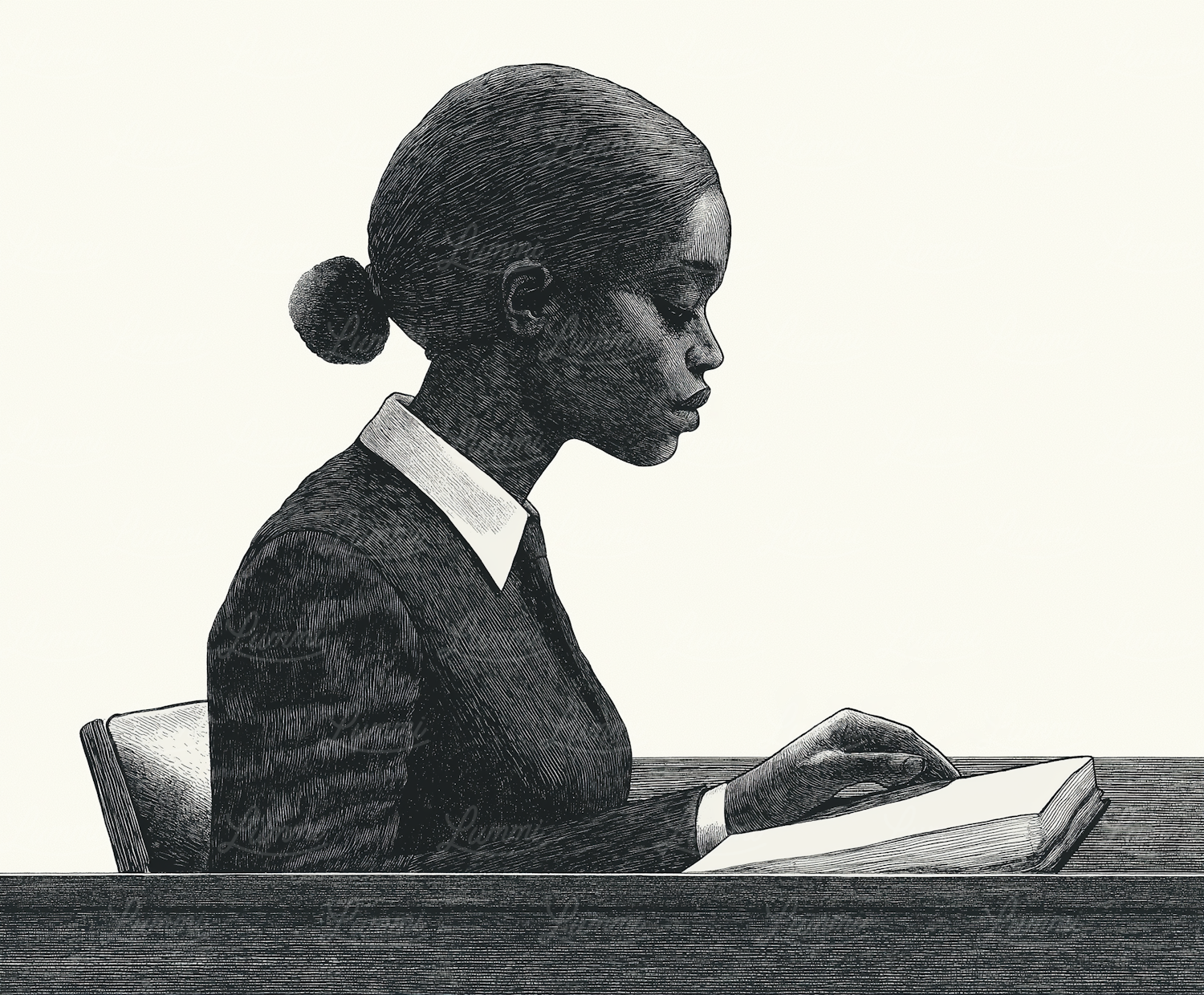 Serene Study - Woman Reading in Monochrome Illustration