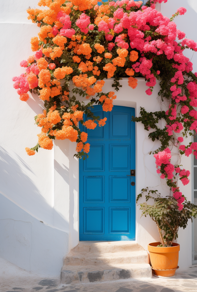 Greek Island Bliss: Sunlit Blue Doorway with Bougainvillea