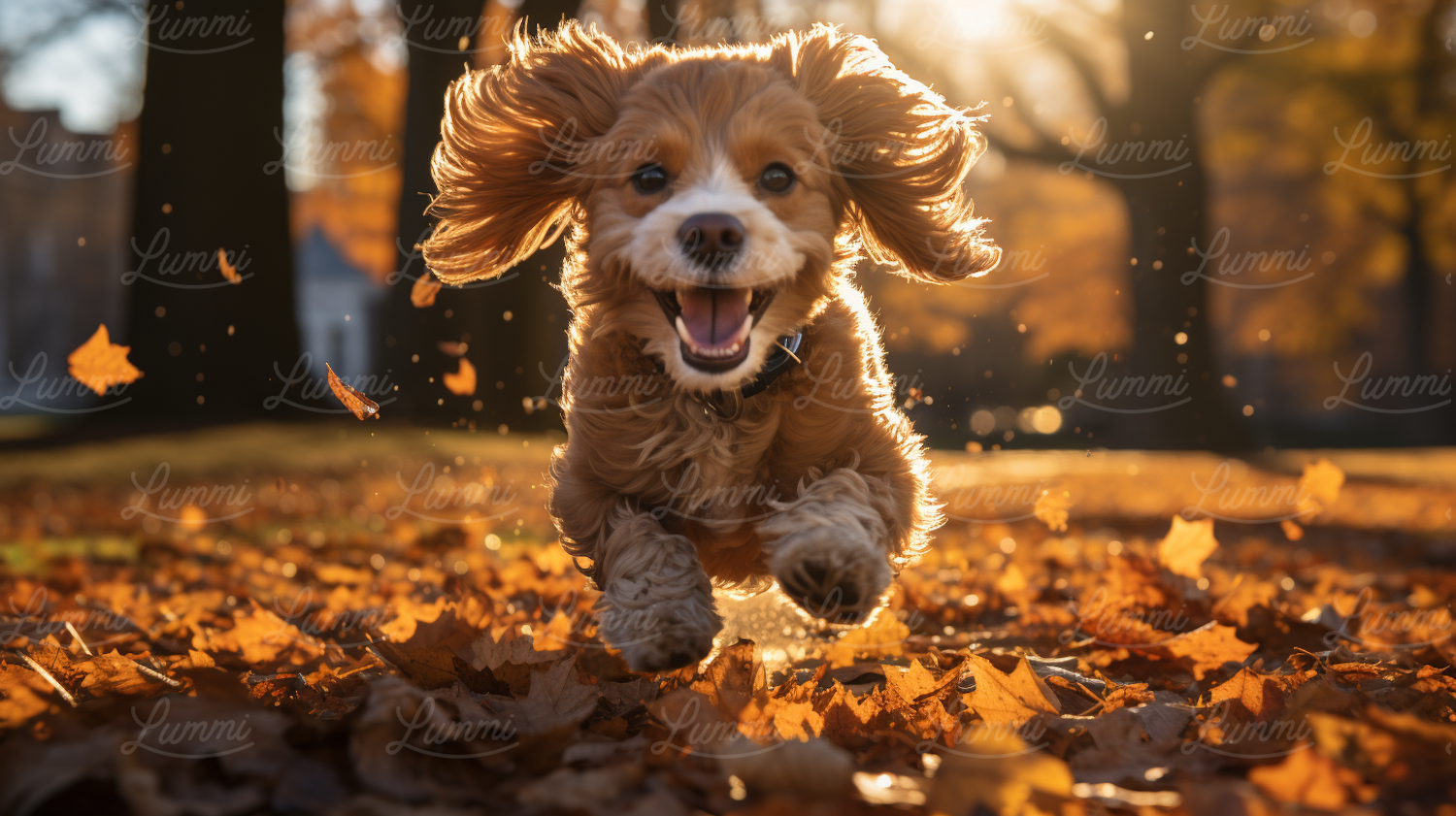 Autumn Exuberance: Cockapoo in Mid-Leap