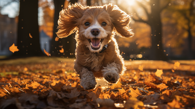 Autumn Exuberance: Cockapoo in Mid-Leap