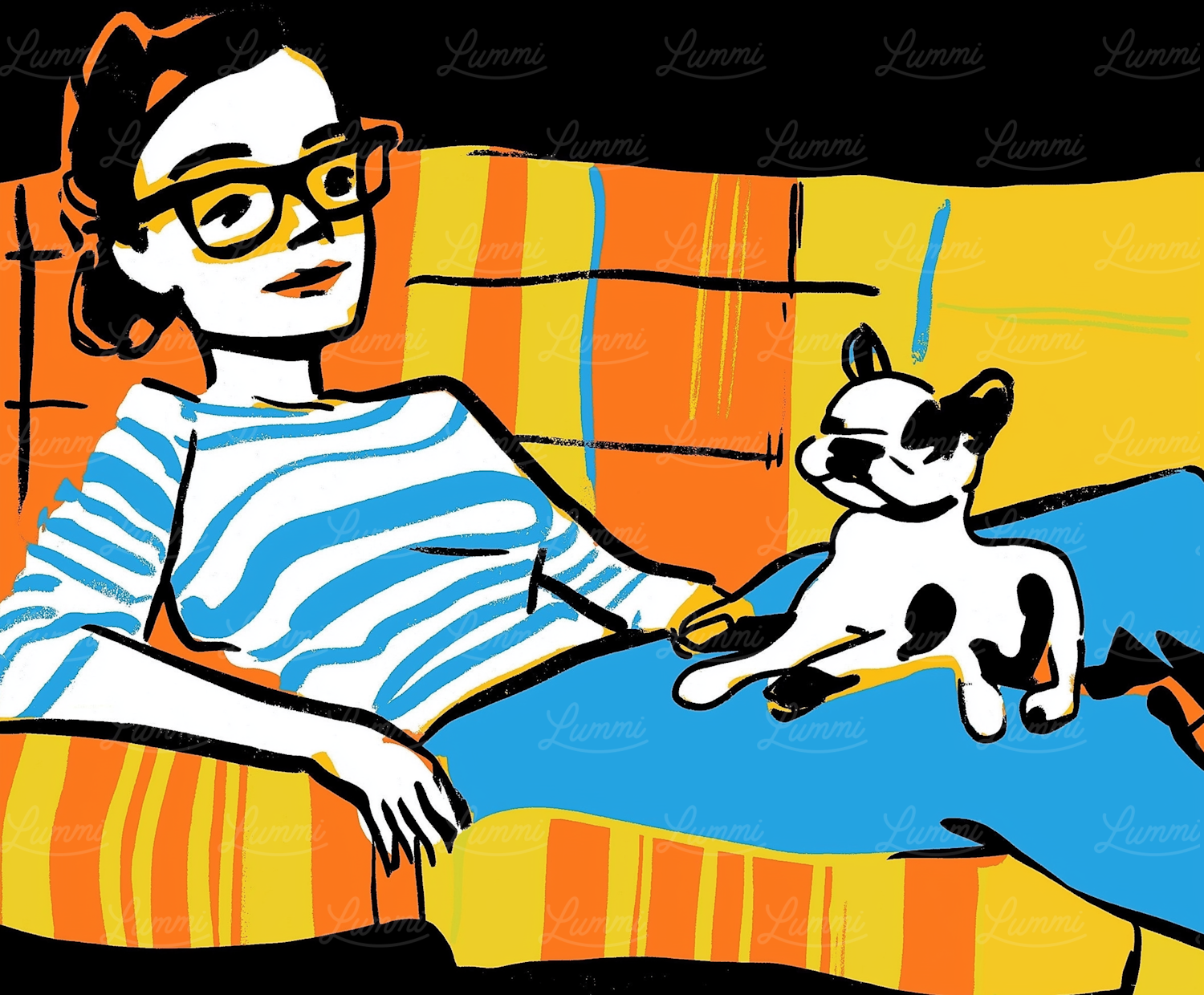 Woman and Dog on Couch Illustration