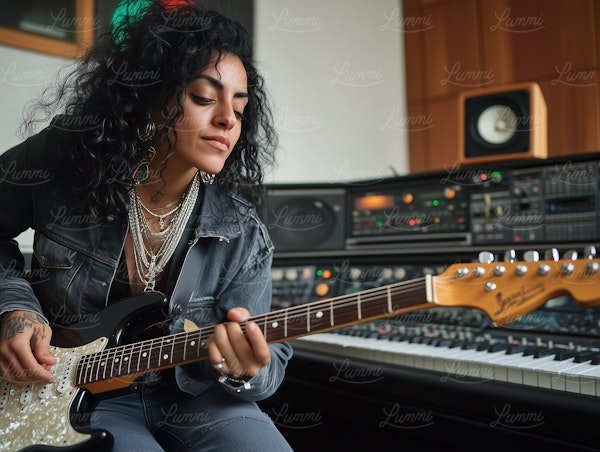 Woman Playing Electric Guitar in Recording Studio