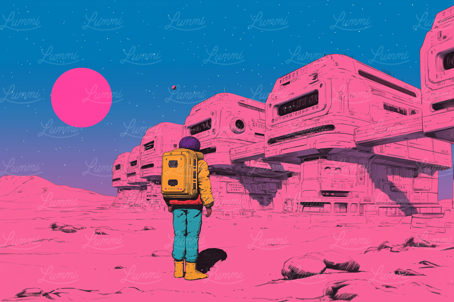 Futuristic Explorer in Pink Landscape