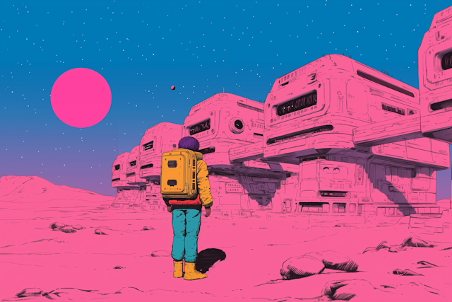 Futuristic Explorer in Pink Landscape