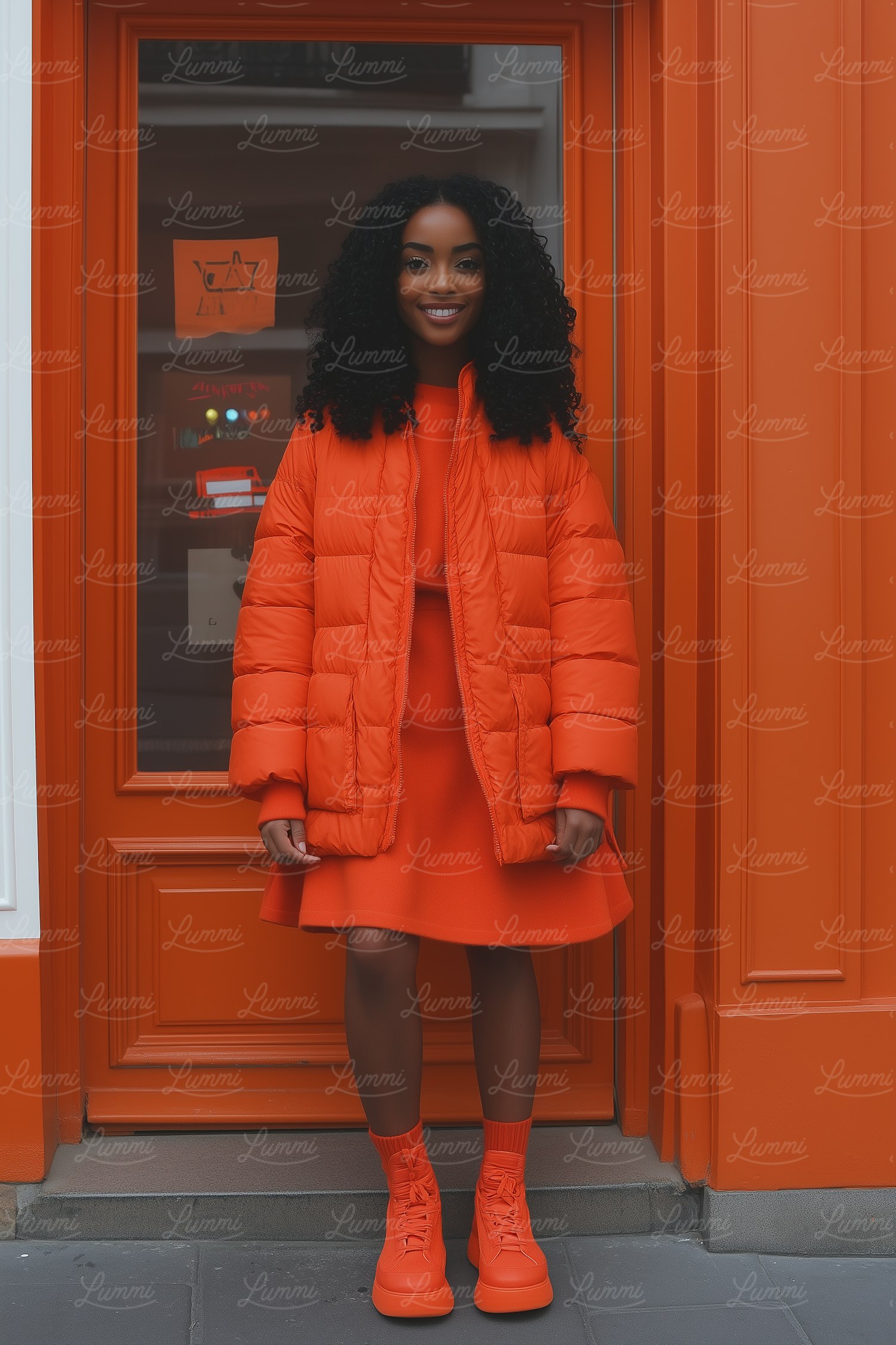 Woman in Vibrant Orange Outfit