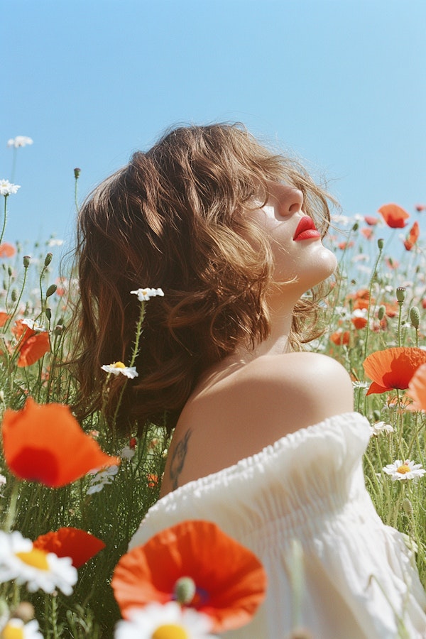 Woman in Field of Poppies and Daisies